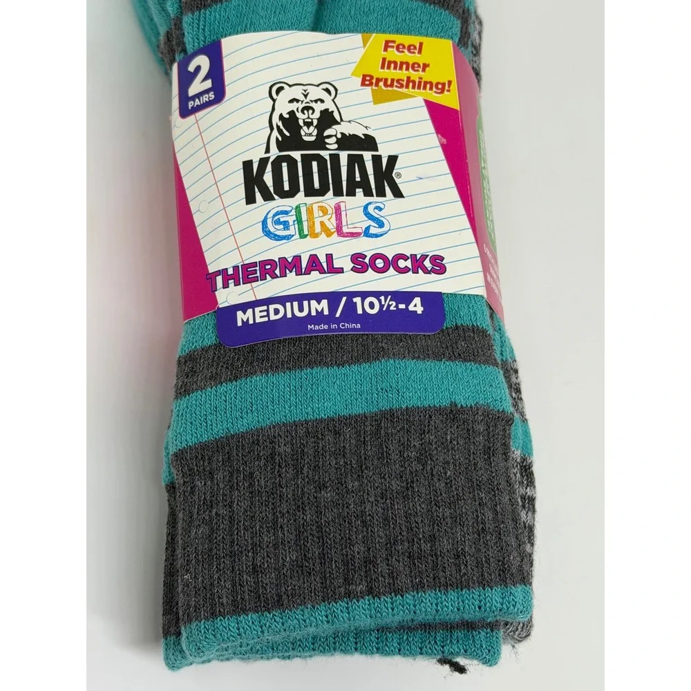 Kodiak Thermal Socks Aqua Grey Striped 2-Pack Girls Medium Brushed NWT Cozy Soft